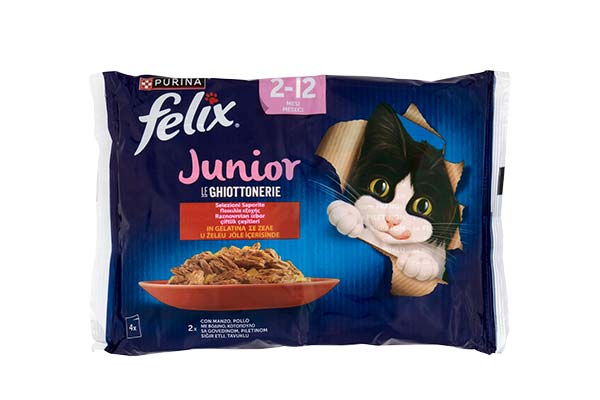 PURINA-FELIX-JUNIOR-LE-GHIOTTONERIE-CON-MANZO,-POLLO-4×85-g