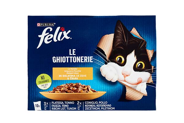 PURINA-FELIX-LE-GHIOTTONERIE-PLATESSA,-TONNO,-CONIGLIO,-POLLO-10×85-g