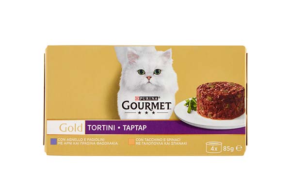 PURINA-GOURMET-GOLD-TORTINI-PER-GATTI-CON-AGNELLO-E-FAGIOLINI,-CON-TACCHINO-E-SPINACI-4×85-g