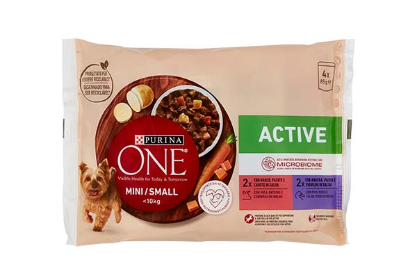 PURINA-ONE-ALIMENTI-PER-CANI-ACTIVE-MANZO-PATATE-CAROTE,-ANATRA-PASTA-FAGIOLINI-4×85-g