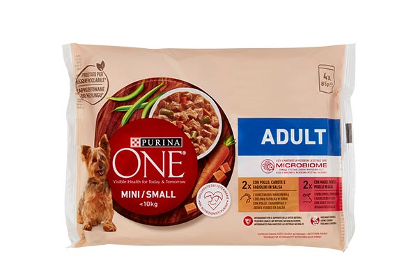 PURINA-ONE-ALIMENTI-PER-CANI-ADULT-POLLO-CAROTE-FAGIOLINI,-MANZO-PATATE-PISELLI-4×85-g
