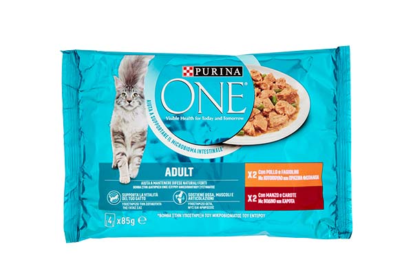 PURINA-ONE-ALIMENTO-PER-GATTI-ADULT-POLLO-E-FAGIOLINI,-MANZO-E-CAROTE-4×85-g