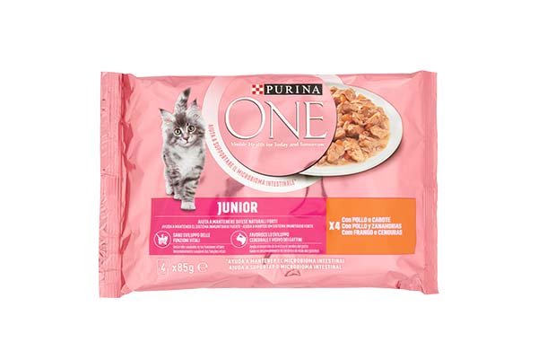 PURINA-ONE-ALIMENTO-PER-GATTI-JUNIOR-CON-POLLO-E-CAROTE-4×85-g